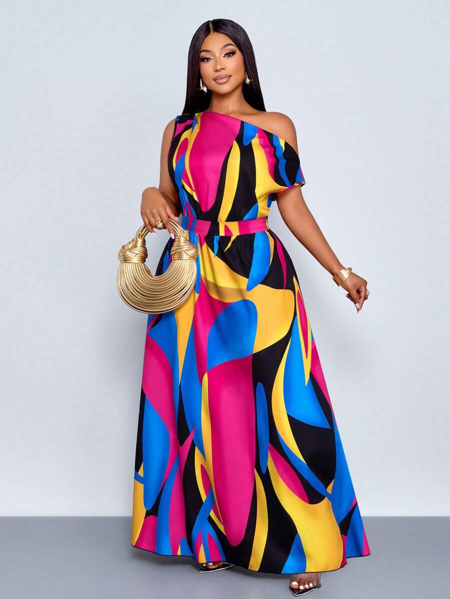 SOLERSUN Plus Size Spring And Summer Fashion Elegant Commuting Casual Slanted Shoulders Short Sleeves Large Skirt Waist Art Street Seaside Vacation Date Travel Female Model - Hot Pink - View 1