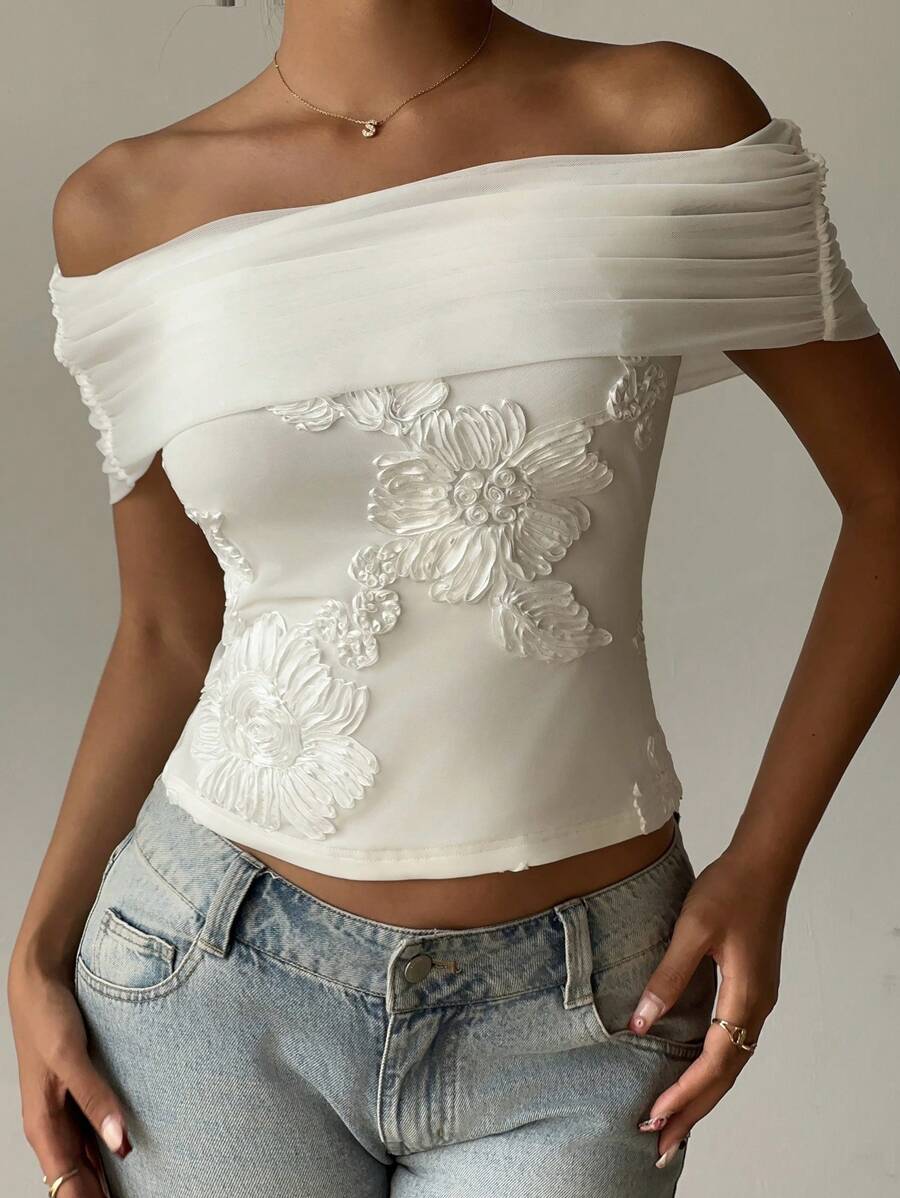 Aloruh Áo trễ vai màu trắng họa tiết jacquard, áo kiểu mùa hè thời trang màu trơn, thích hợp cho lễ tốt nghiệp, tựu trường, đi chơi, áo nữ thanh lịch, mặc thường ngày, dự tiệc, đám cưới và sự kiện.