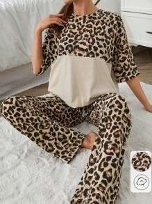 RueChic Women 2pcs Block Colour Detail Short Sleeve Shirt And Leopar Pattern Long Bottoms Homewear Set - Multicolor - View 4