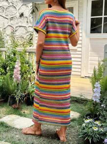 SHEIN Maternity Colorful Striped Round Neck Batwing Sleeve Casual Dress For Vacation - Multicolor - View 2