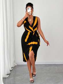 Maweii Plus Size Fashion Printed Sleeveless V Neck Dress - Black - View 5