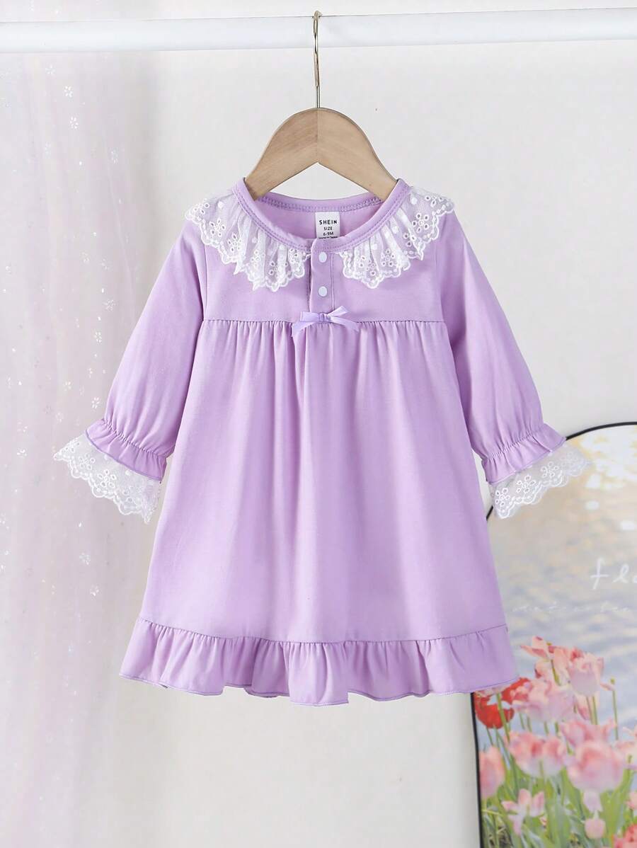 Pijama elegante de algodón para niña bebé con detalles de encaje en manga larga, ropa cómoda para el hogar en vacaciones de verano - Morado - Ver 1