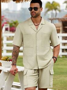 Manfinity RSRT Plus Size Men Summer Casual Solid Color Short Sleeve Shirt & Shorts Set