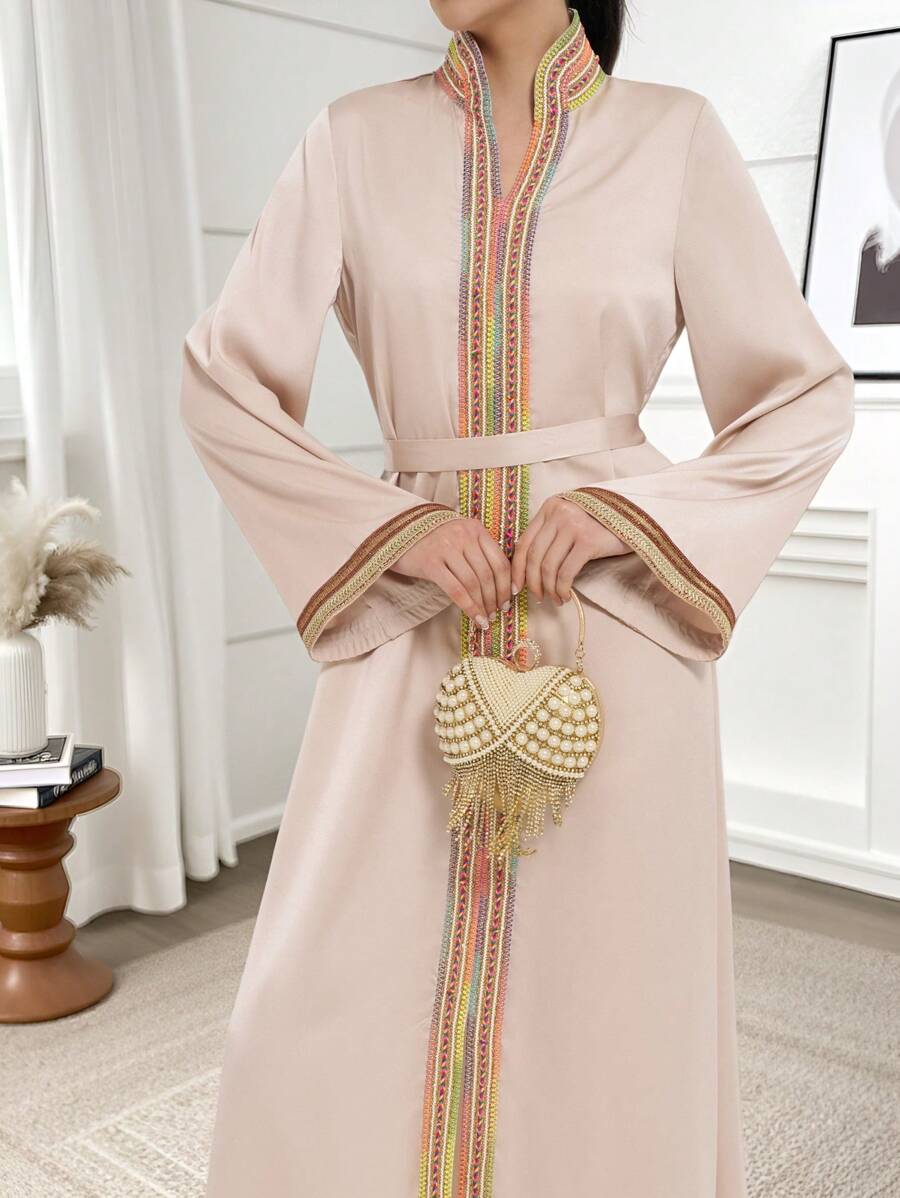 Al Najma Đầm suông đơn giản cổ đứng chắp vá màu trơn cho nữ tay dài - Màu be - Xem 1