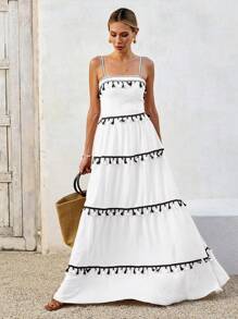SHEIN VCAY Vestido de tirantes casual con decoración de flecos para mujeres de vacaciones - Blanco - Ver 2