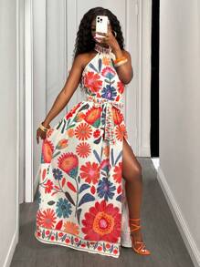 BamGleam 活力夏日花卉印花性感开衩连衣裙