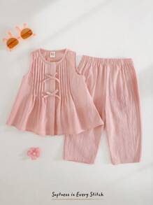 Cozy Pixies Baby Girl Bow Decor Crew Neck Sleeveless Top And Elastic Waist Pants 2 Pieces Set - Pink - View 7