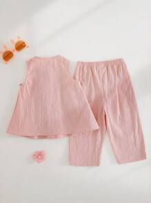 Cozy Pixies Baby Girl Bow Decor Crew Neck Sleeveless Top And Elastic Waist Pants 2 Pieces Set - Pink - View 8