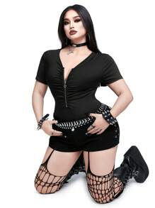 Flirla Casual Punk Fashionable Casual Zippered Pleated Stretch Fabric Bodysuit - Multicolor - View 5