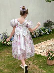 SHEIN 青少年女孩欧根纱花卉印花大蝴蝶结装饰圆领露背设计连衣裙