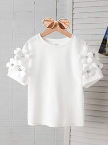 SHEIN Tween Girls' Casual Elegant Vacation Handcrafted 3D Floral Decor Crew Neck Fitted Short Sleeve Knit Top - White - View 1