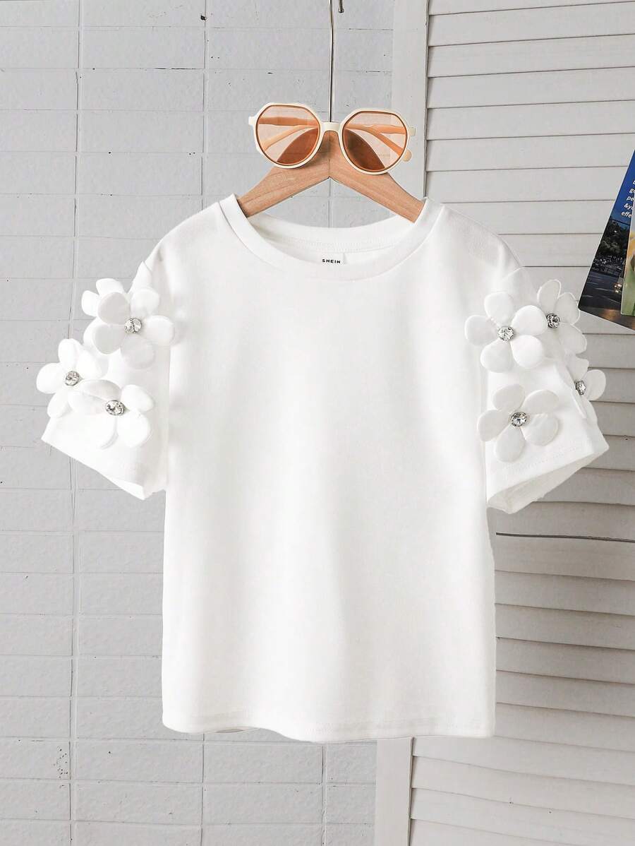 SHEIN Tween Girls' Casual Elegant Vacation Handcrafted 3D Floral Decor Crew Neck Fitted Short Sleeve Knit Top - White - View 1
