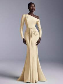 Elitara Elegant Luxury Elastic Knit Swimsuit Ruched Long Sleeve Mermaid Tail Dress, Suitable For Weddings, Bachlorette Parties, Vacation, Prom, Bridesmaids Dress (Adult) - Yellow - View 3
