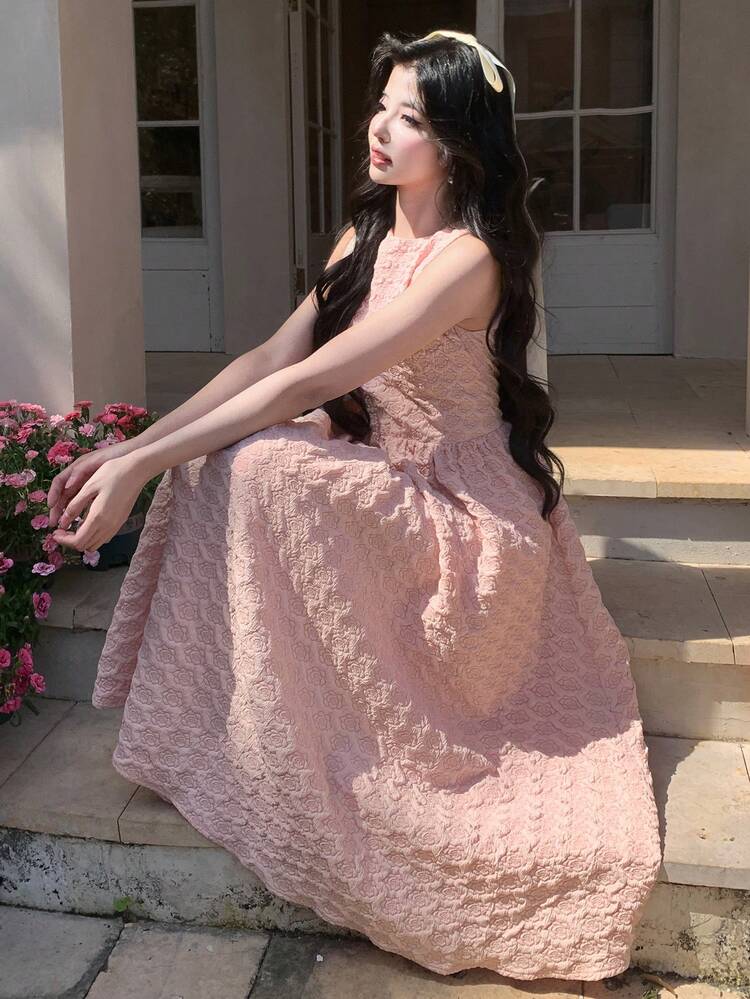 Texture Round Neck Sleeveless Dress For Women Dress