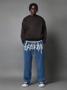 SUMWON 都市街头滑板运动裤，带有涂鸦标志印花，松紧腰带，慢跑风格运动休闲服，舒适的羊毛冬季裤子 - 藏蓝色 - 查看 3