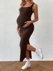 SHEIN Đầm ôm body không tay màu trơn đơn giản mùa hè cho bà bầu - Cà phê nâu - Xem 4