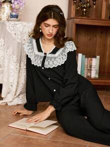 蕾丝边浪漫女士睡衣套装 - 黑色 - 查看 1