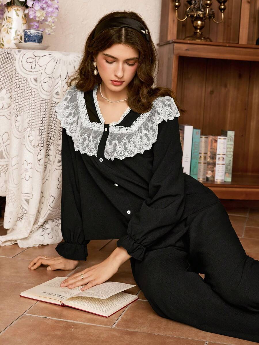 蕾丝边浪漫女士睡衣套装 - 黑色 - 查看 1