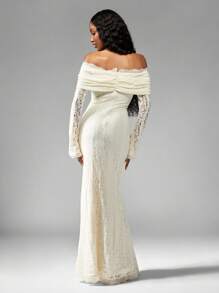 MISSGUIDED 露肩长袖蕾丝新娘晚礼服地板长度美人鱼婚礼宾客派对正式特殊场合钟袖褶皱腰围 - 白色 - 查看 2
