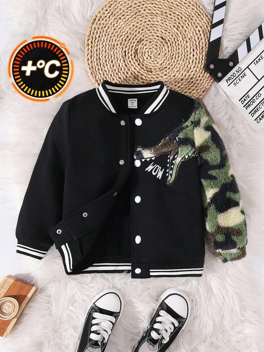 SHEIN Young Boy Dinosaur Print Striped Trim Varsity Jacket - Black - View 1