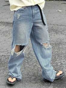 DAZY Spring/Summer Plain Blue Ripped Men's Denim Jeans - Blue - View 4