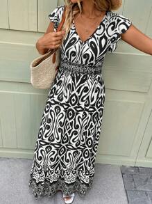 SHEIN LUNE V-Ausschnitt Rüschen Saum Puffärmel Taille gedrafft Rüschen Saum A-Linie Kleid, lässiges Urlaubs Blume Muster Damenkleid