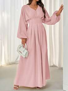 SHEIN LUNE V 领腰部褶皱收腰灯笼袖 A 字形连衣裙，采用纹理提花面料，优雅休闲和度假穿着