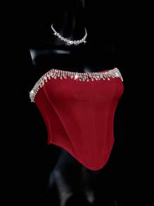 SHEIN ICON 欧根纱大蝴蝶结露背挂脖珍珠链装饰背心 - 紅色 - 查看 4
