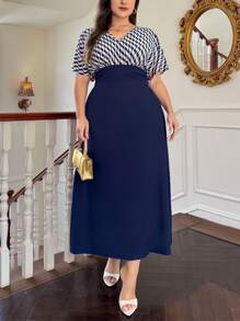 SHEIN Privé Plus Size Elegant Commute & Vacation Long V-Neck Colorblock Splice A-Line Ruffle Striped Contrast Print Dress; Wedding Season Floor-Length Dress - Navy Blue - View 4