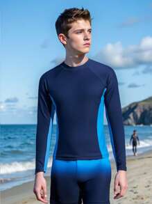Teen Boy Solid Round Neck Long Sleeve Swimsuit, Minimalist & Fashionable, Suitable For Summer - Multicolor - View 1