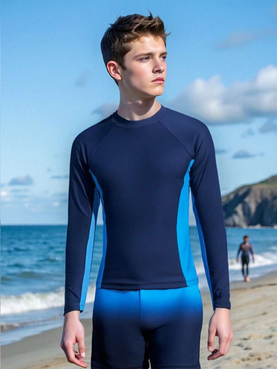 Teen Boy Solid Round Neck Long Sleeve Swimsuit, Minimalist & Fashionable, Suitable For Summer - Multicolor - View 1