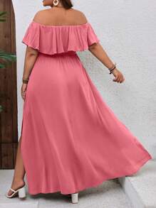 SHEIN VCAY Plus Size Vacation Ruffled Off Shoulder Dress - Coral Pink - View 2