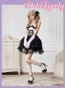 Dola Lovely Women's New Fashion Cute Lolita Bow Decor Pearls Silk Ribbon Wedding Party White Chunky High Heel Sandals - Black - View 2