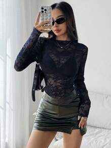 EgrlEra Top sexy transparente con flores de encaje para mujer, de tela elástica (corte aleatorio)