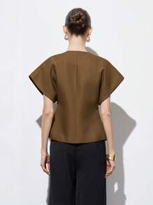 Aveloria Modichic Elegant Minimalist Design V-Neck White Textured Fabric Asymmetrical Hem Cap Sleeve Jacket With Decorative Buttons For Women, Versatile For Commuting