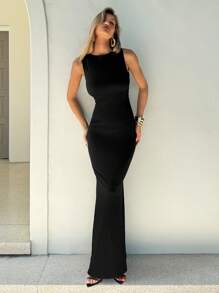 Aloruh 女式黑色长裙，无袖圆领镂空针织紧身连衣裙，背部带扣细节，露背连衣裙