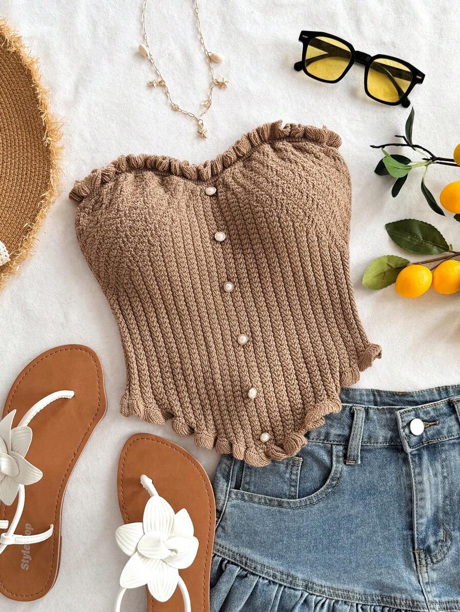 Soleia Áo ống dệt kim bó sát trang trí viền bèo nhún giản dị - Lạc đà - Xem 1