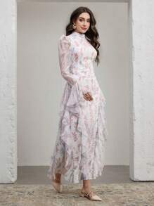 Graceveil Damen Extra Langes Kleid mit Blumen Muster, gerüschtem Saum und Bindegürtel, Modest Elegant