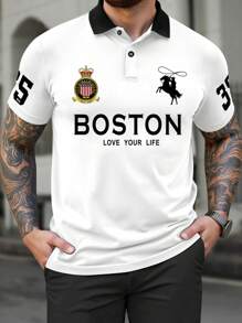 Manfinity Mode Plus Size Men's Summer Slogan Print Short Sleeve Casual Polo Shirt, Suitable For Office & Daily Wear, Graphic Color Block Golf Shirt