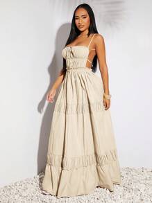 SHEIN SXY Vestido largo elegante con diseño de halter con pliegues y corte en A, de estilo occidental, de tela de lino sintética de color gris topo, para mujer, ideal para primavera, verano, vacaciones, boda, Día de San Valentín