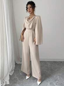 Elenzga Women's Elegant Draped Neck Cinched Waist Satin Jumpsuit