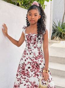 Tween Girl Vacation Casual Ditsy Floral Open Back Long Split Dress - Coral Pink - View 6