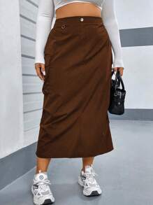 Flirla Plus Size Women's Utility Pocketed Skirt Maxi Skirt - Coffee Brown - View 6