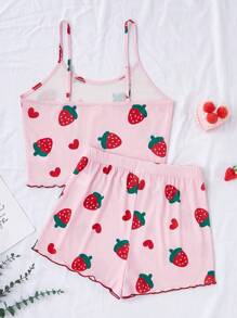 2 件青少年女孩休闲草莓和心形印花吊带背心和短裤睡衣套装，粉色 - 粉色 - 查看 2