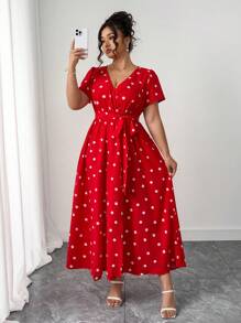 Elenzga Romantic Casual Commute Elegant Vacation Style Red V-Neck Polka Dot Short Sleeve Wrap Waist Slit Midi Dress, Long Version, Plus Size Women - Multicolor - View 1