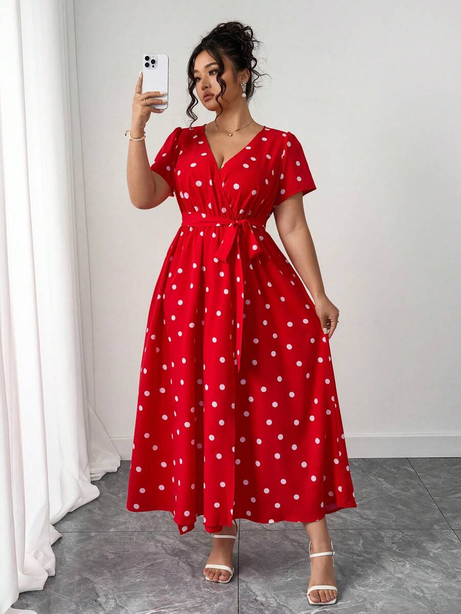 Elenzga Romantic Casual Commute Elegant Vacation Style Red V-Neck Polka Dot Short Sleeve Wrap Waist Slit Midi Dress, Long Version, Plus Size Women - Multicolor - View 1
