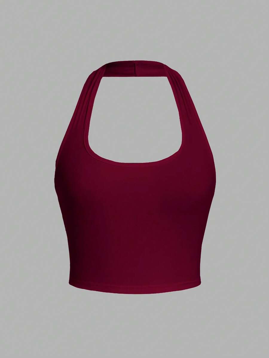 SHEIN EZwear Deep Wine Red Women's Casual Fitted Halter Neck Camisole, Suitable For Summer,Rave Top Back To School - Rose Red - View 1