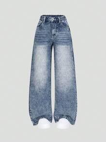 Tween Girls' Vintage Casual Loose Fit Distressed Denim Wide Leg Jeans, Comfortable Versatile College Style - Medium Wash - View 3