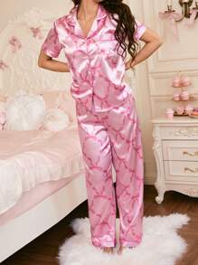Pink Bowknot Short Sleeve Top & Pants Women Pajama Set - Multicolor - View 4