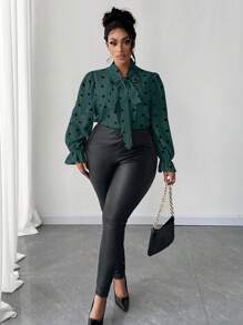 Maweii Plus Size Casual Commuter Heart Print V-Neck Tie Shirt - Teal Blue - View 3